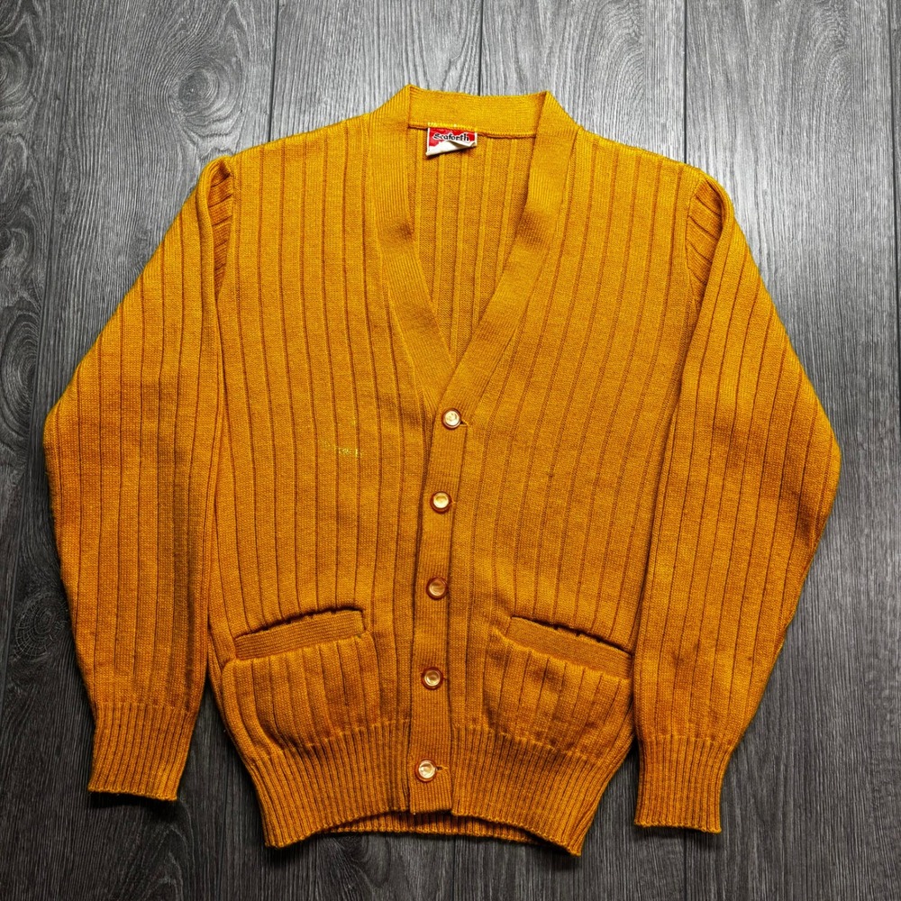 Vintage 80s Seaforth Knitwear Medium Mustard Yellow Ribbed Cardigan Sweater